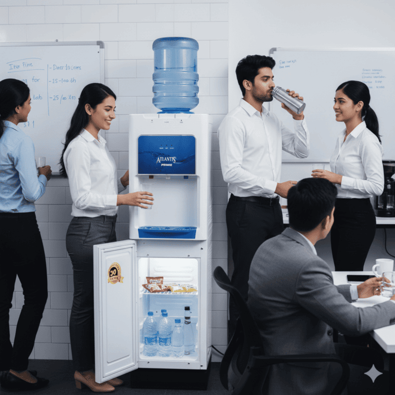 Atlantis Prime Prime series water dispenser with a built-in refrigerator for beverages.