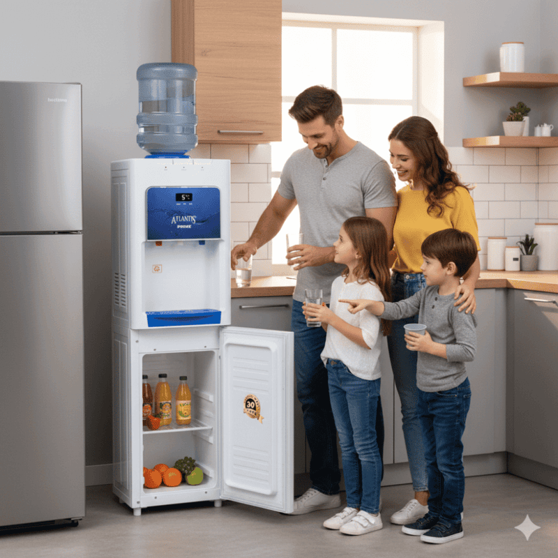 Dual-function Atlantis Prime water dispenser providing chilled water and cabinet cooling.