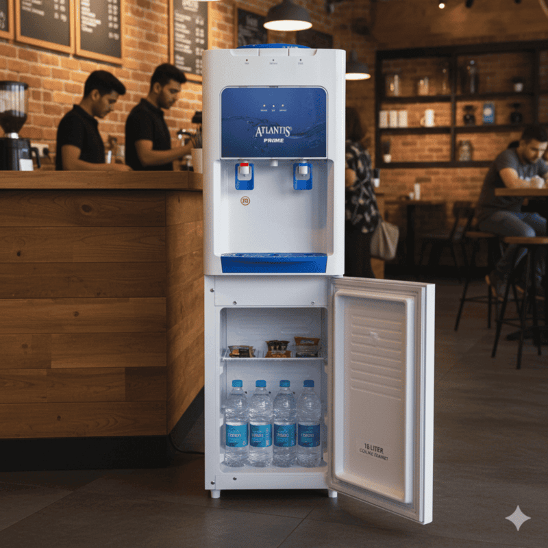 Atlantis Prime HCN dispenser showing the bottle-top loading design and cooling cabinet door.
