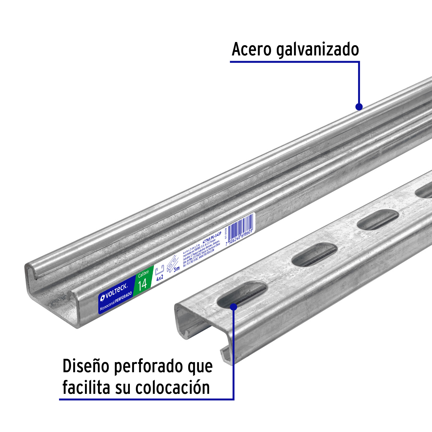 Perfil monocanal perforado de 3 m, 4 x 2 cm cal. 14, VOLTECK - 47765 - PU-142P - Caja con 2 Pieza – Master 0