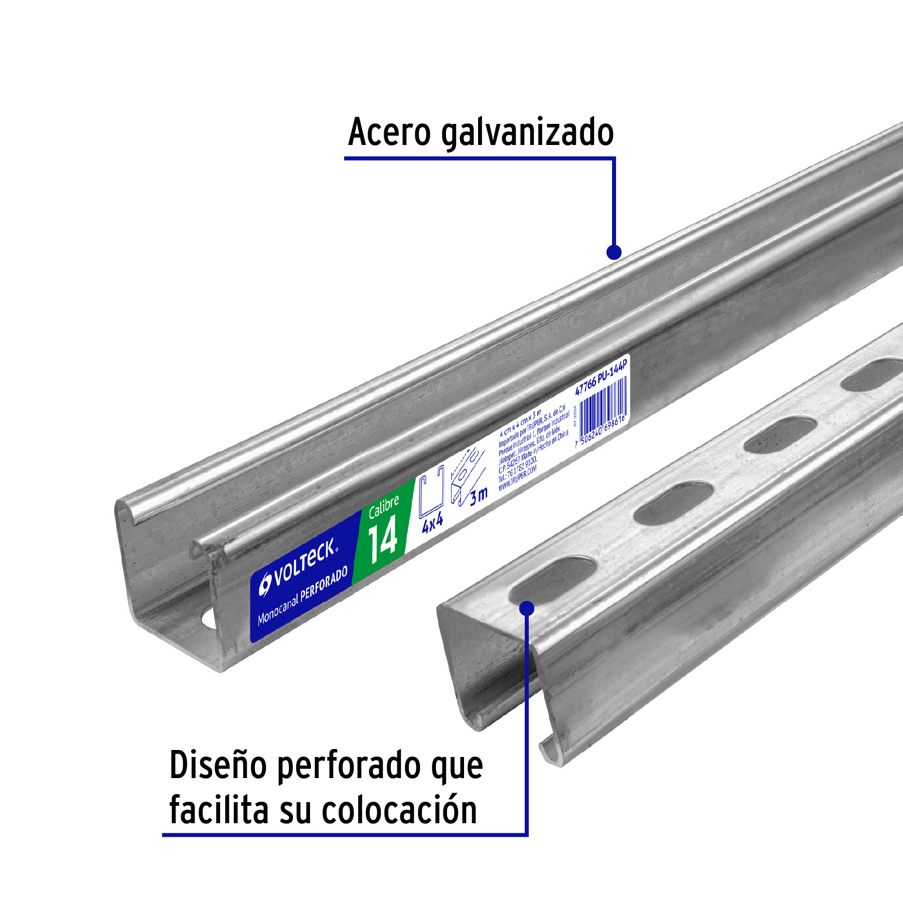 Perfil monocanal perforado de 3 m, 4 x 4 cm cal. 14, VOLTECK - 47766 - PU-144P - Caja con 2 Pieza – Master 0
