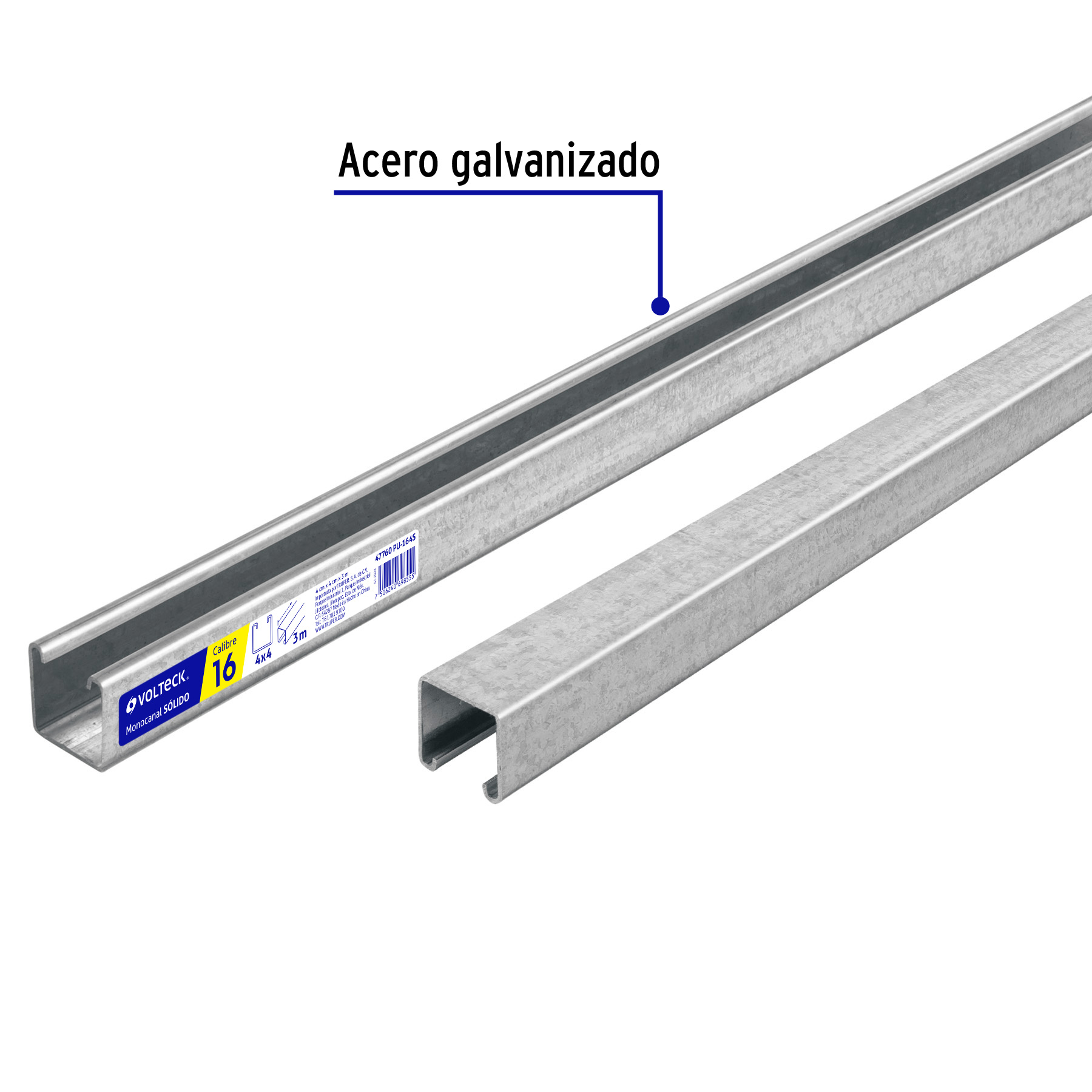 Perfil monocanal sólido de 3 m, 4 x 4 cm cal. 16, VOLTECK - 47760 - PU-164S - Caja con 2 Pieza – Master 0