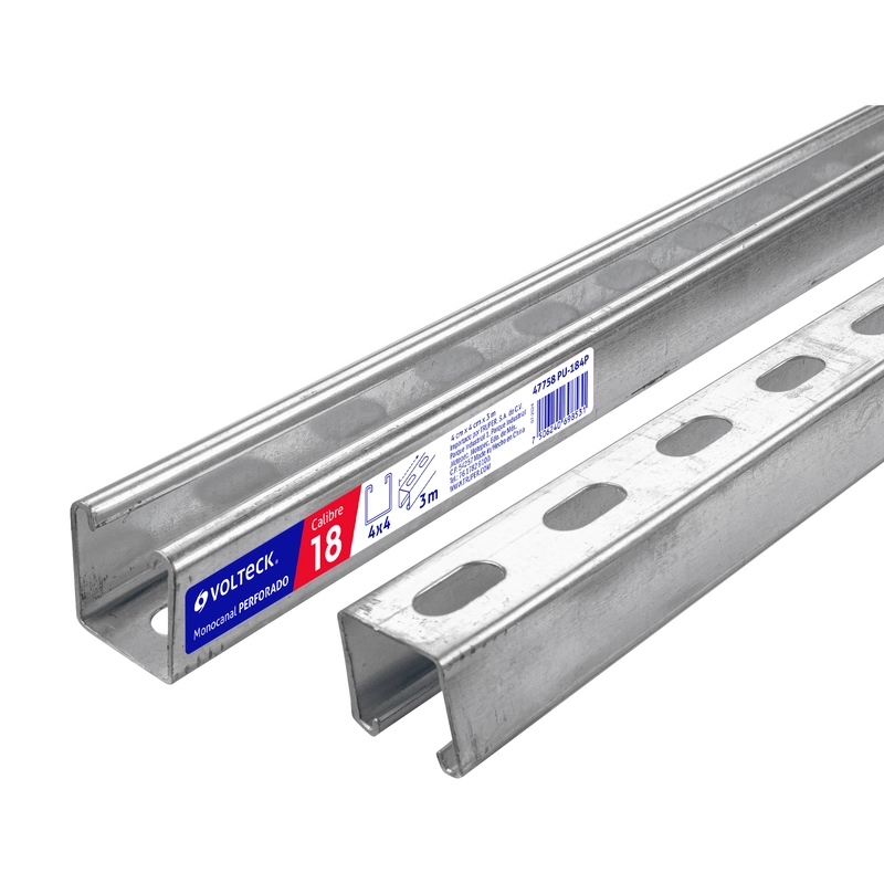 Perfil monocanal perforado de 3 m, 4 x 4 cm cal. 18, Volteck - 47758 - PU-184P - Caja con 2 Pieza – Master 0