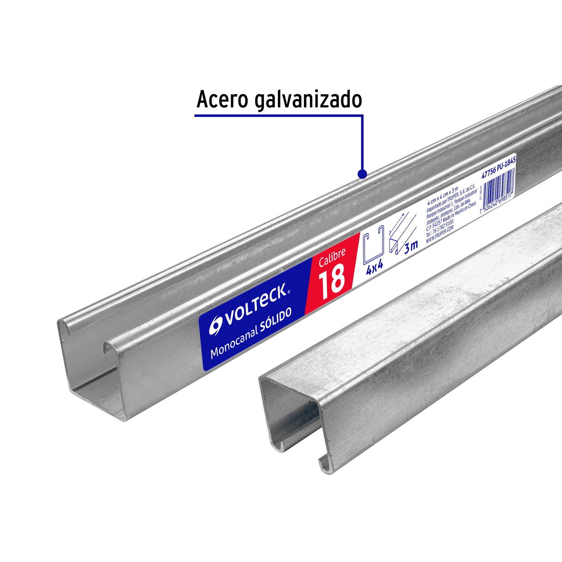 Perfil monocanal sólido de 3 m, 4 x 4 cm cal. 18, VOLTECK - 47756 - PU-184S - Caja con 2 Pieza – Master 0