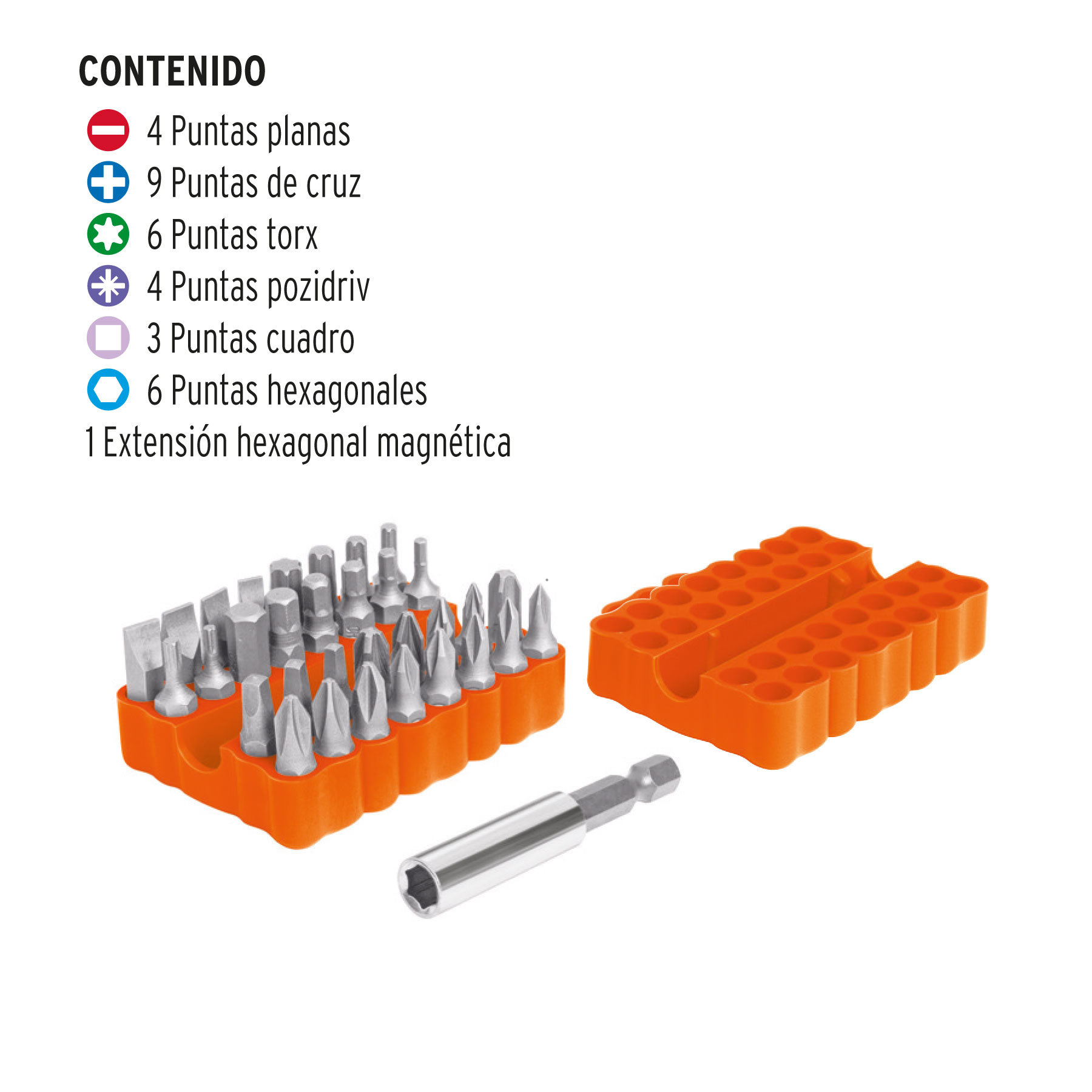 Juego de 33 puntas largo 1' mixtas en organizador plástico - PUN-33 / 17788