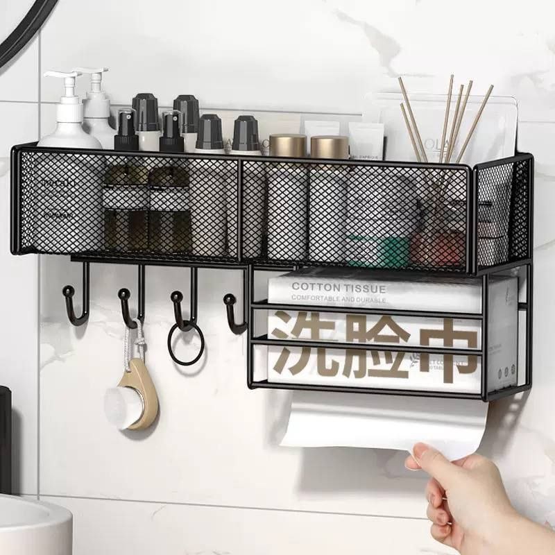 PUNCH-FREE WALL MOUNTED MESH STORAGE RACK WITH HOOKS AND TOILET TISSUE HOLDER.