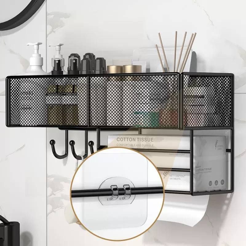 PUNCH-FREE WALL MOUNTED MESH STORAGE RACK WITH HOOKS AND TOILET TISSUE HOLDER.