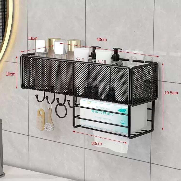 PUNCH-FREE WALL MOUNTED MESH STORAGE RACK WITH HOOKS AND TOILET TISSUE HOLDER.