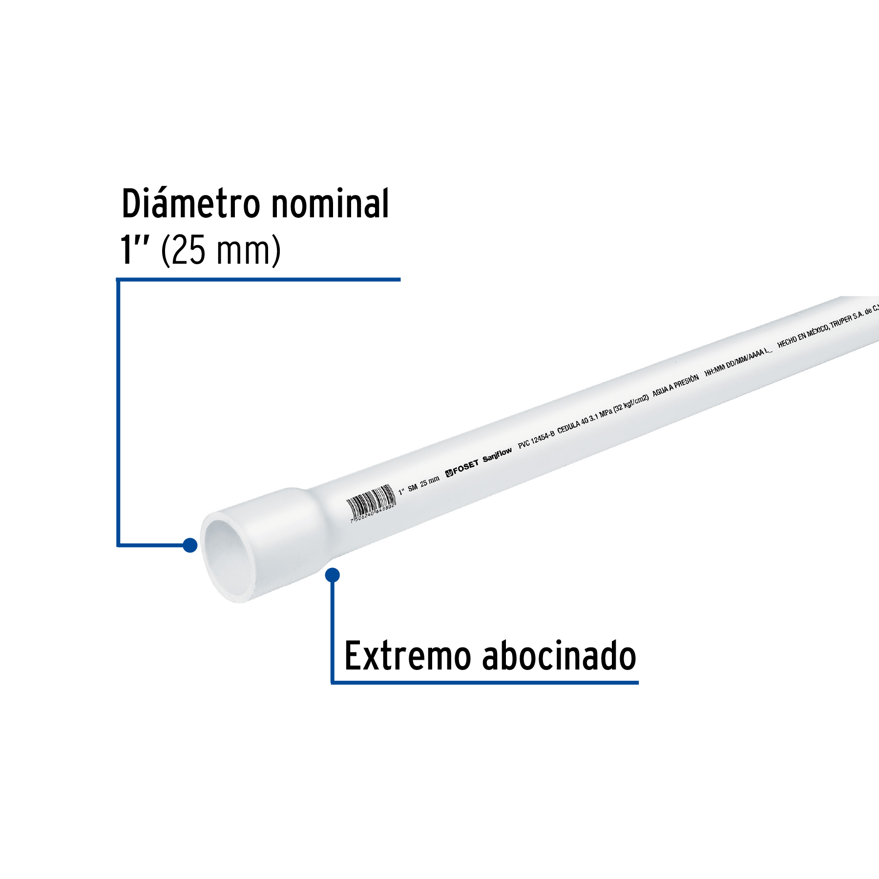 Tubo de 3 m de PVC de 1-1/4' hidráulico cédula 40, Saniflow - PVC-004 / 45520
