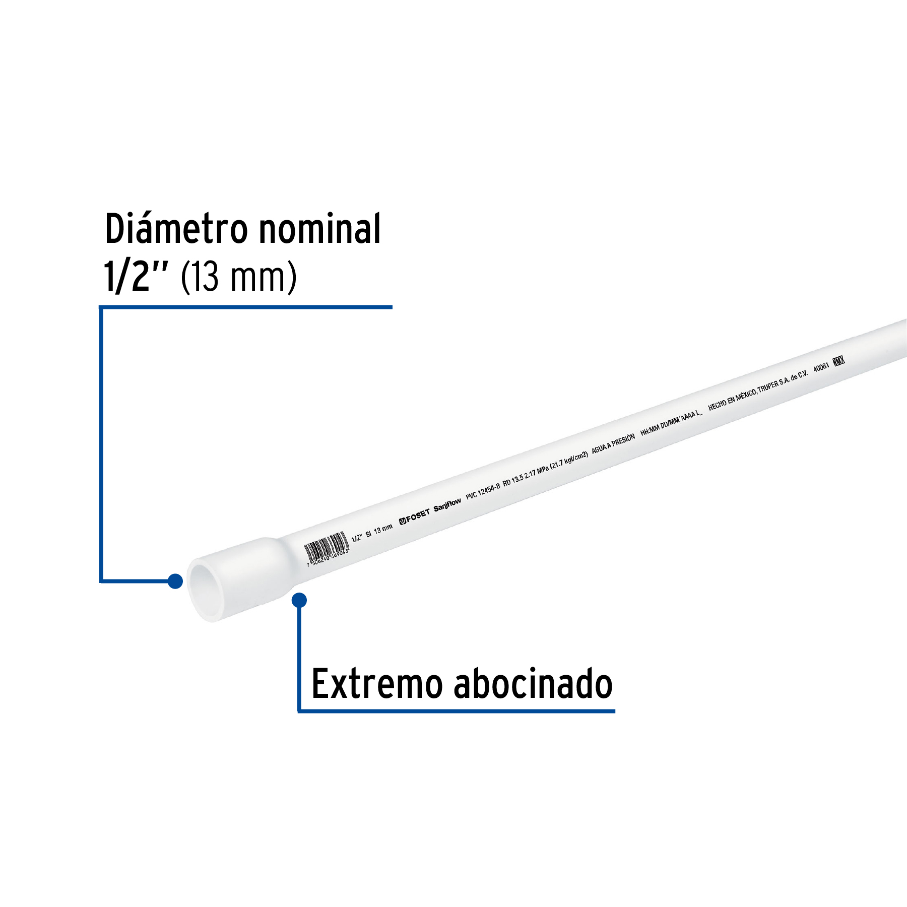 Tubo de 3 m de PVC de 1/2' hidráulico RD 21, Saniflow - PVC-101 / 40081