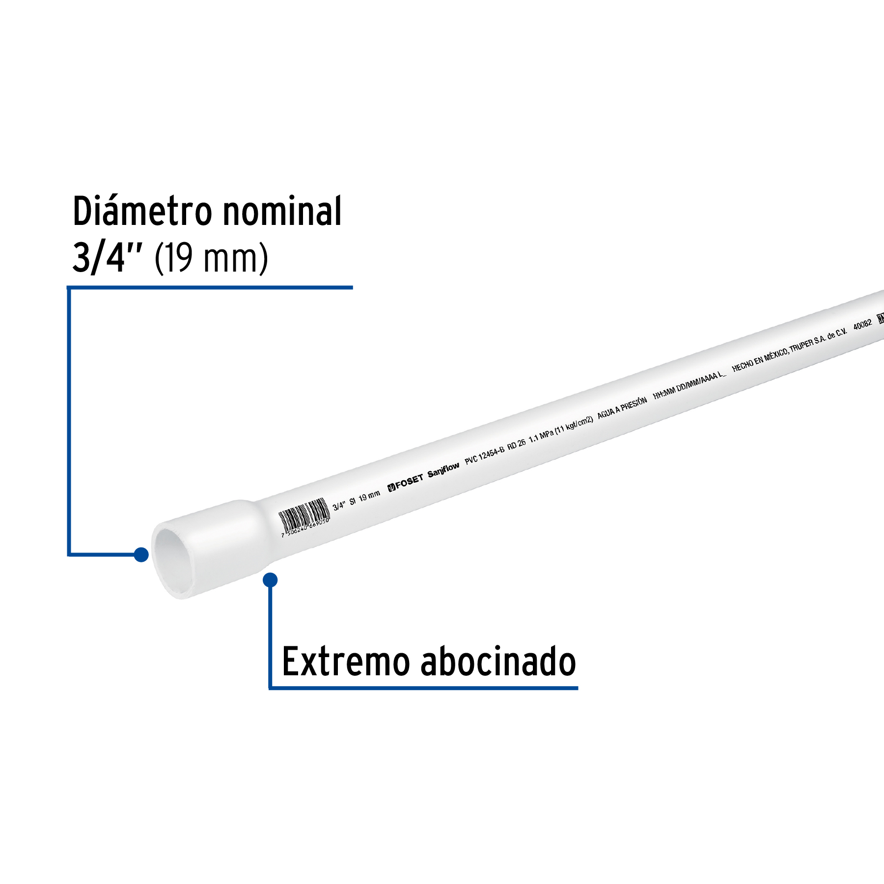 Tubo de 3 m de PVC de 3/4' hidráulico RD 26, Saniflow - PVC-102 / 40082