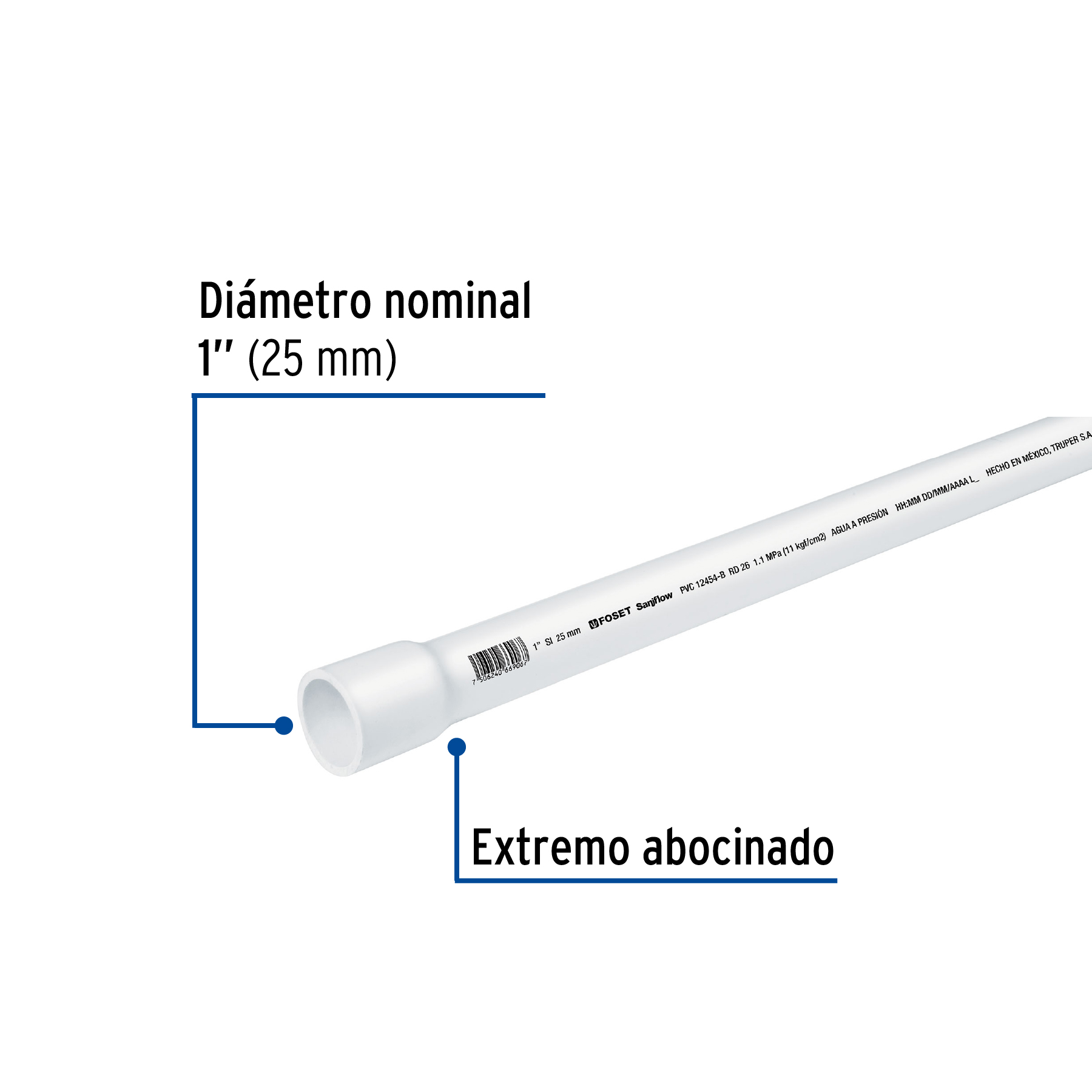 Tubo de 3 m de PVC de 1' hidráulico RD 26, Saniflow - PVC-103 / 40083