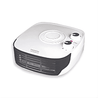 Front view of white Padmini Fan Heater 102 with thermostat knob. Front view of white Padmini Fan Heater 102 with thermostat knob.