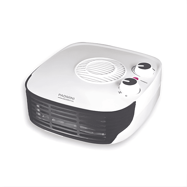 Front view of white Padmini Fan Heater 102 with thermostat knob. Front view of white Padmini Fan Heater 102 with thermostat knob.