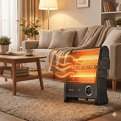 Padmini Lava 1500 quartz heater with sturdy stand and carry handle.