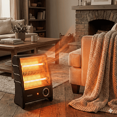 Padmini Lava 800 electric heater showing instant heating quartz tubes.