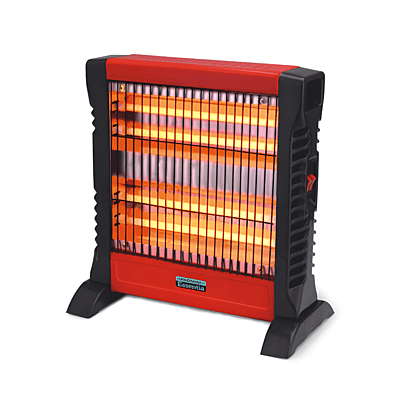 Front view of Padmini Rapid 1200 quartz heater with dual heat settings enabled. Front view of Padmini Rapid 1200 quartz heater with dual heat settings enabled.