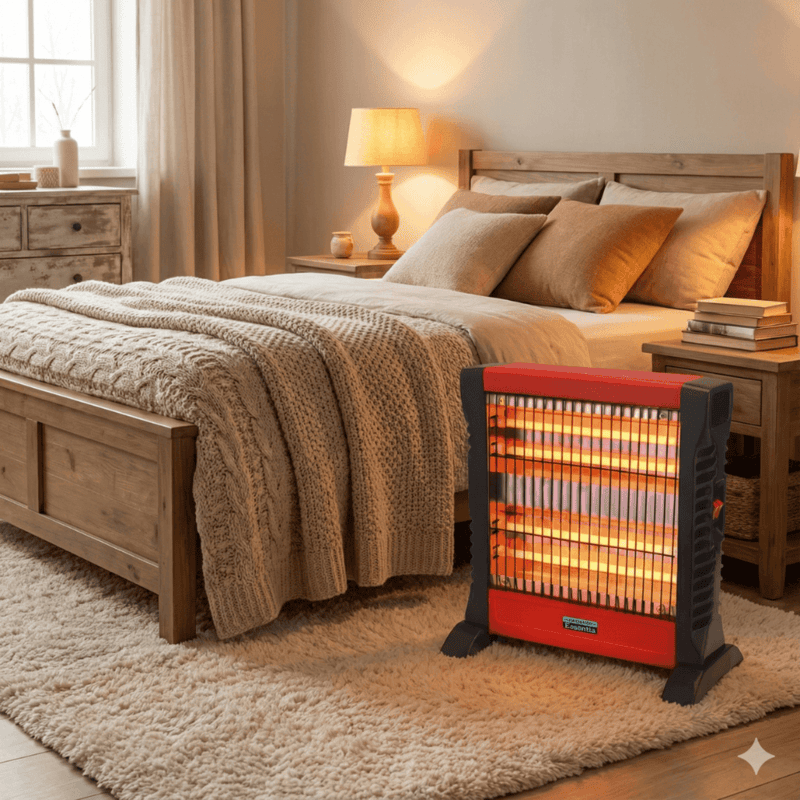 Portable Padmini electric heater with a sturdy base and integrated carry handle.