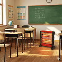 Padmini quartz heater 1200W standing on a floor with control knob visible.