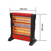 Padmini 1200W quartz room heater showing glowing heating elements behind a safety grill.