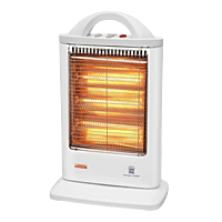 Front view of Padmini TRYLO 1200 halogen heater with three glowing heating tubes. Front view of Padmini TRYLO 1200 halogen heater with three glowing heating tubes.