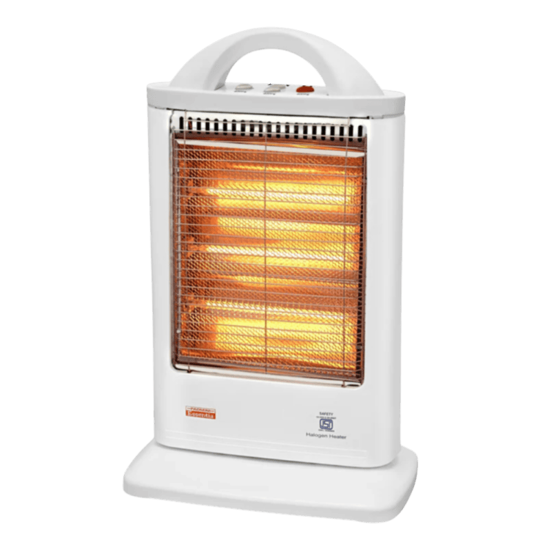 Front view of Padmini TRYLO 1200 halogen heater with three glowing heating tubes.