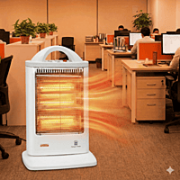 Compact white halogen heater for home use with multiple heat levels and safety grill. Compact white halogen heater for home use with multiple heat levels and safety grill.