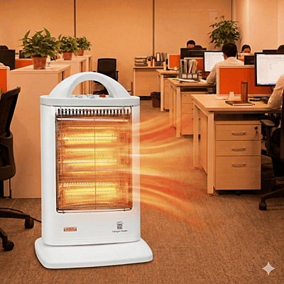 Compact white halogen heater for home use with multiple heat levels and safety grill. Compact white halogen heater for home use with multiple heat levels and safety grill.