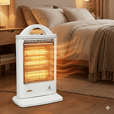 Portable 1200W halogen heater by Padmini showing control knobs on the top panel. Portable 1200W halogen heater by Padmini showing control knobs on the top panel.