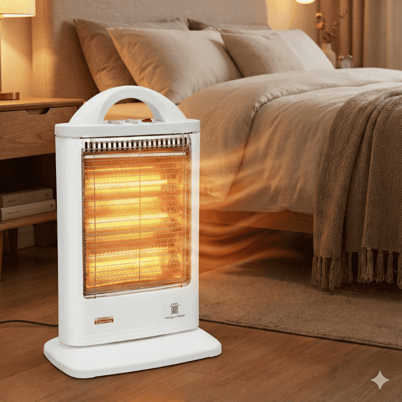 Portable 1200W halogen heater by Padmini showing control knobs on the top panel.