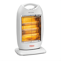 Front view of Padmini Volcano 1200 halogen heater showing three glowing heating rods. Front view of Padmini Volcano 1200 halogen heater showing three glowing heating rods.