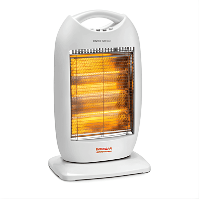 Front view of Padmini Volcano 1200 halogen heater showing three glowing heating rods. Front view of Padmini Volcano 1200 halogen heater showing three glowing heating rods.