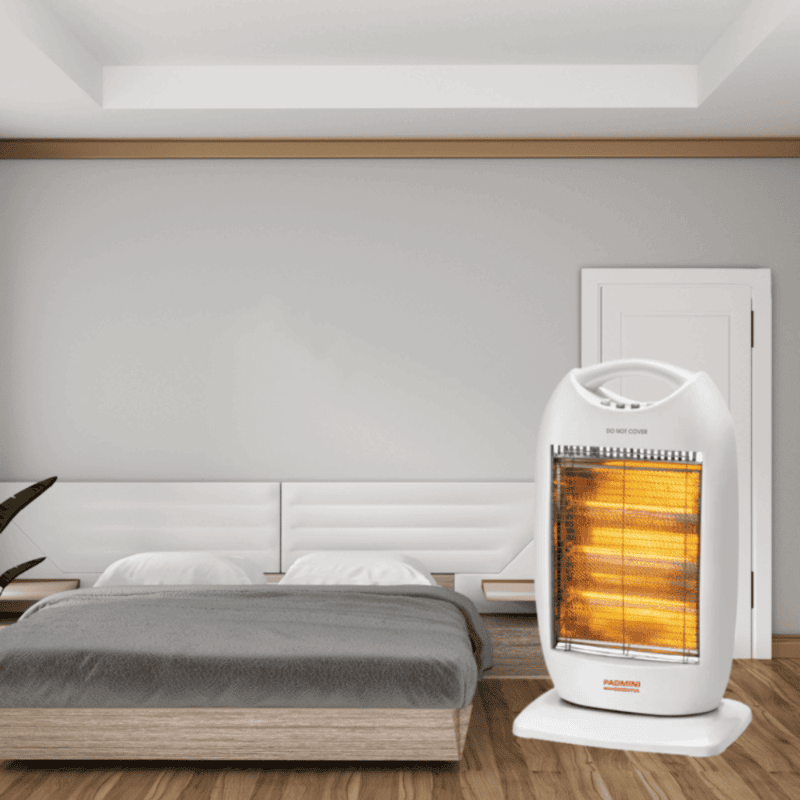 Portable Padmini Volcano heater angled to show top handle and slim profile.