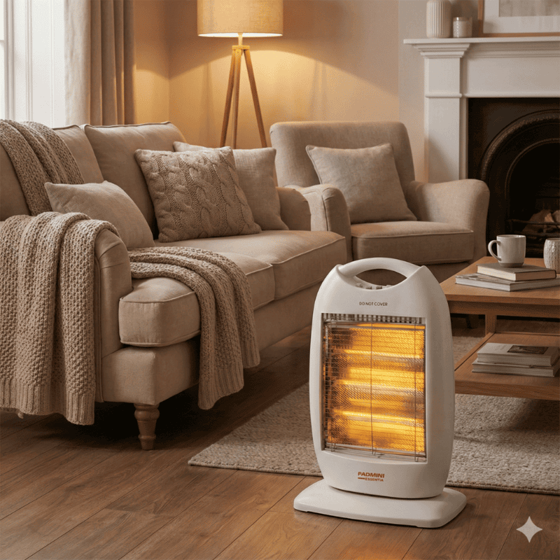 Padmini Volcano 1200 heater isolated on a white background with power cord visible.