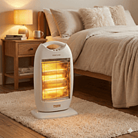 Lifestyle shot of Padmini Volcano 1200 halogen heater placed on a carpeted floor. Lifestyle shot of Padmini Volcano 1200 halogen heater placed on a carpeted floor.