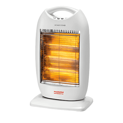 White Padmini Volcano electric heater with safety mesh grill and sturdy base.