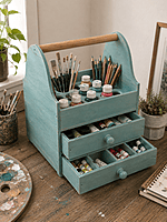 Wooden Artist Supply Organizer with Drawers & Brush Holder space Wooden Artist Supply Organizer with Drawers & Brush Holder space