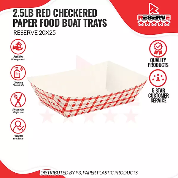 Reserve Paper Food Boat Trays 2.5lb Red Checkered 20/25