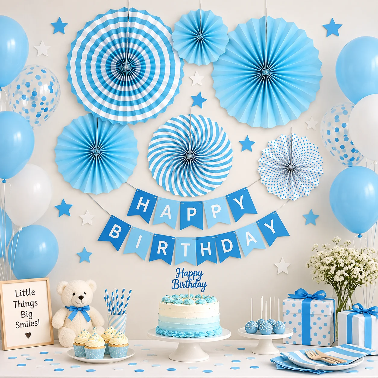 Blue Paper Fans for Decoration - Set of 6 Pcs