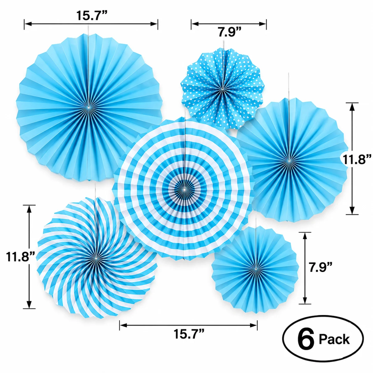 Blue Paper Fans for Decoration - Set of 6 Pcs