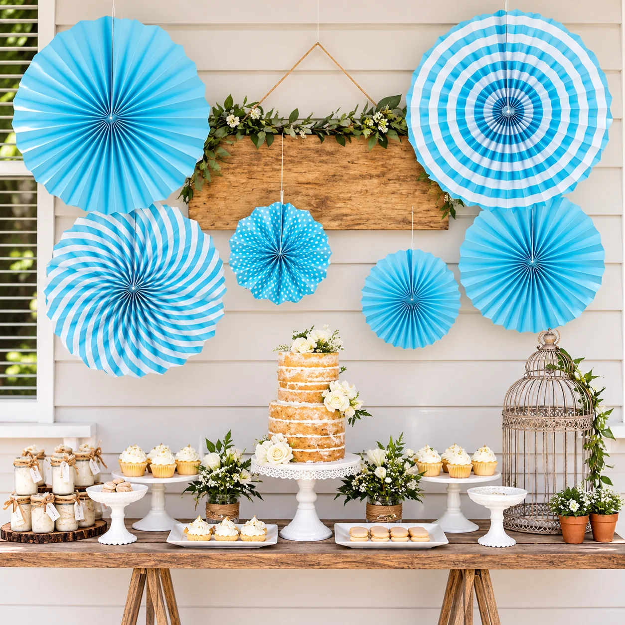 Blue Paper Fans for Decoration - Set of 6 Pcs