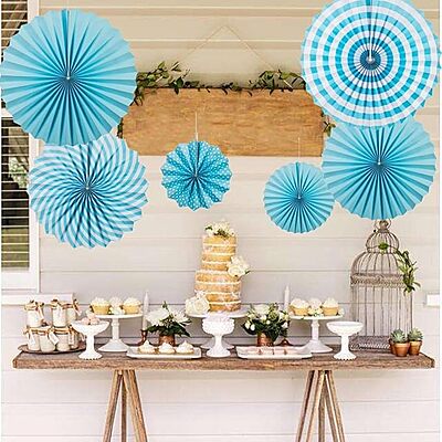 Blue Paper Fans for Decoration - Set of 6 Pcs