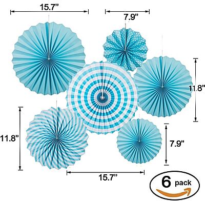 Blue Paper Fans for Decoration - Set of 6 Pcs