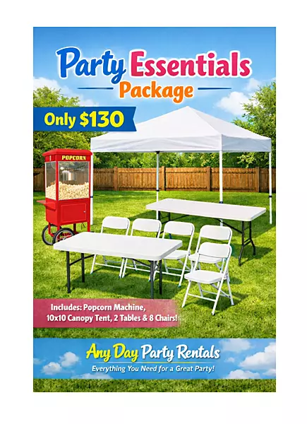 Party package set includes popcorn machine Paquete de fiesta incluye una máquina de maiz
