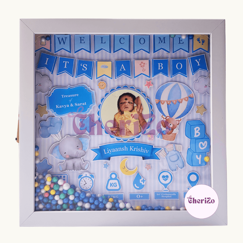 Personalised Baby Birth Details Photo Frame with LED Lights & Decorative Balls | Blue | Custom Baby Photo Frame for Newborns, Nursery & Giftings