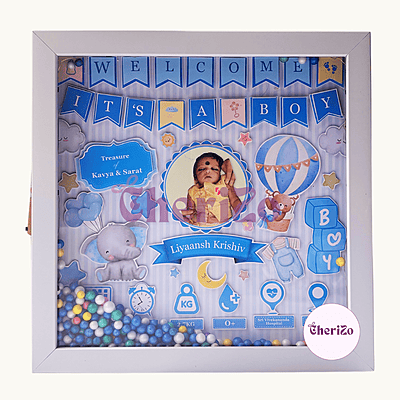 Personalised Baby Birth Details Photo Frame with LED Lights & Decorative Balls | Blue | Custom Baby Photo Frame for Newborns, Nursery & Giftings