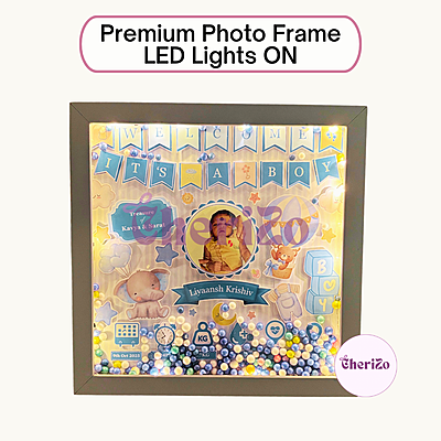 Personalised Baby Birth Details Photo Frame with LED Lights & Decorative Balls | Blue | Custom Baby Photo Frame for Newborns, Nursery & Giftings