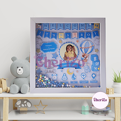 Personalised Baby Birth Details Photo Frame with LED Lights & Decorative Balls | Blue | Custom Baby Photo Frame for Newborns, Nursery & Giftings