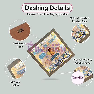 Personalised Baby Birth Details Photo Frame with LED Lights & Decorative Balls | Blue | Custom Baby Photo Frame for Newborns, Nursery & Giftings