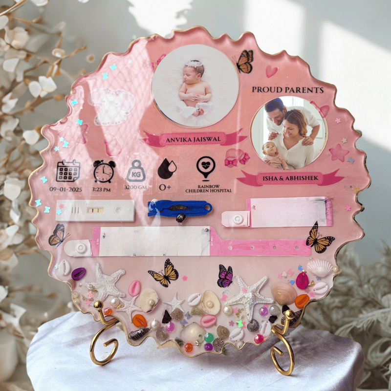 Handmade Baby Birth Details Preservation Resin Frame | 10 Inch | Baby & Parents Photos | Personalised Beach Theme Keepsake with Gold Finish Metal Stand